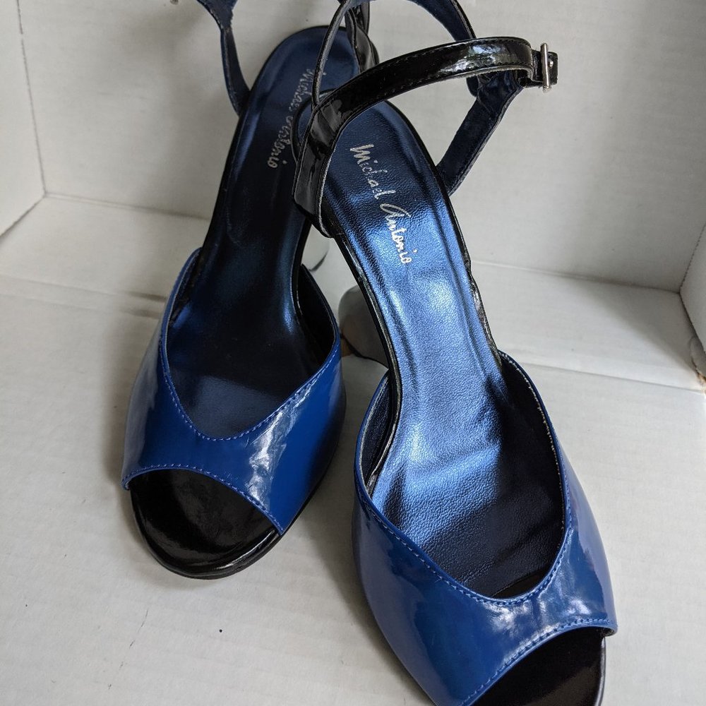 Michael Antonio Blue & Silver Wedge Sandals With Sculpted Heels